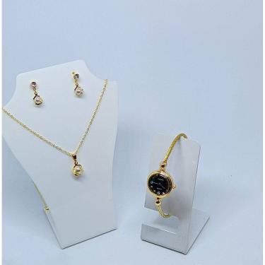 Imagem de Kit Relógio Feminino Bracelete aço Inox Quartzo Ajustável Luxo + Conjunto Colar e Brincos Folheado antialérgico Dourado