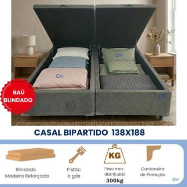 Imagem de Cama Box Baú Casal 138x188 Bipartida Blindada Suede  Ideal para Aparta