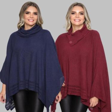 Imagem de Kit 2 Poncho Feminino Tricot Liso Gola Alta Casaco Lã Inverno - GIP, B