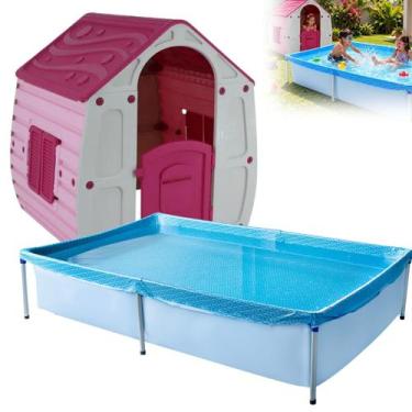 Imagem de Casinha Infantil Magical Rosa Bel + Piscina Estrutural Retangular 1000