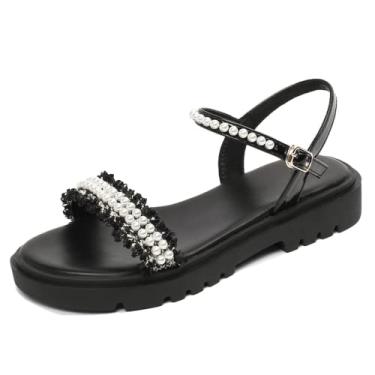 Imagem de Sandálias femininas de verão estilo fada uma palavra sandálias de cinto moda plana com sola grossa, Preto 14, 34 BR