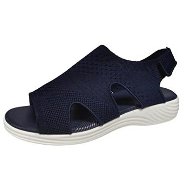 Imagem de Sandálias femininas de verão com gancho de malha respirável leve plataforma sandálias fechadas para mulheres largas, Azul, 8.5