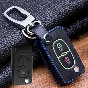 Imagem de CSHU Couro Car Key Case Cover Keychain Ring Key Bag, apto para Peugeot 107 206 207 208 306 307 301 308S 407 2008 3008 4008 5008 RCZ Citroen C2 C3 C4 C5, A, azul