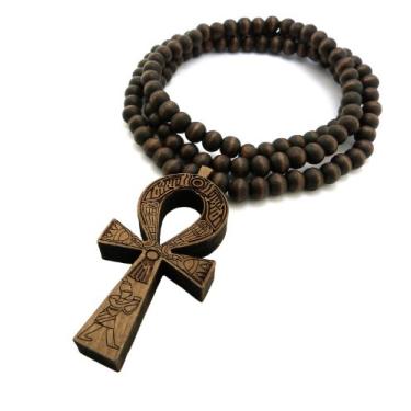 Imagem de Colar de contas de madeira marrom fashion 21 egípcio com pingente de cruz no tornozelo 8 mm 91 cm XJ217BRN