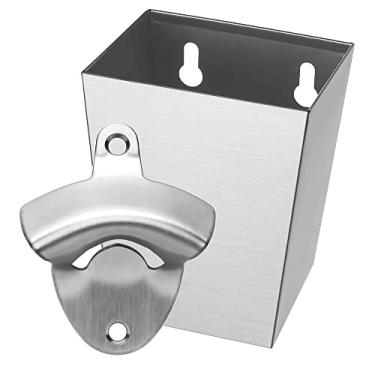 Imagem de Abridor de garrafas externo de aço inoxidável 304 montado na parede com suporte de captador de tampa de prata acetinado estreito Jumiok