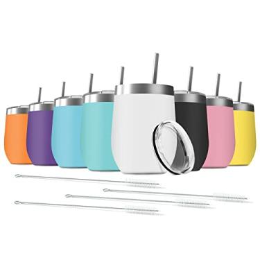 Imagem de Deitybless Pacote com 8 copos de vinho de aço inoxidável de 355 ml com tampas deslizantes, copo de viagem isolado a vácuo de parede dupla, incluindo conjunto de 8 canudos para café, coquetel, bebida, chá e cerveja (cores sortidas)
