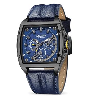 Imagem de MEGIR Relógio de pulso masculino analógico de quartzo com cronógrafo luminoso e pulseira de couro Cronógrafo, movimento de quartzo