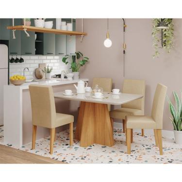 Imagem de Conjunto de Mesa de Jantar Retangular com Tampo de Vidro Off White Maite e 4 Cadeiras Maia Linho Gengibre e Nature