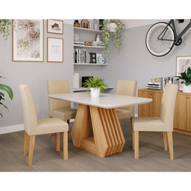Imagem de Conjunto de Mesa de Jantar Retangular com Tampo de Vidro Off White Agata e 4 Cadeiras Maia Linho Gengibre e Nature