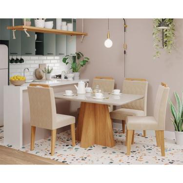 Imagem de Conjunto de Mesa de Jantar Retangular com Tampo de Vidro Off White Maite e 4 Cadeiras Paola Suede Nude e Nature