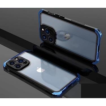 Imagem de Para iPhone 11 13 14 Pro Max Proteção contra quedas Armação de metal Tampa traseira de vidro Para Iphone XS MAX XR 7 8 Plus Caixa de telefone de metal de alumínio, Azul, Para Iphone 13 Promax