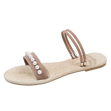 Imagem de Sandálias planas moda verão pérola sola de palha fundo plano casual simples dois usos praia senhoras sandálias tamanho grande chinelos (rosa, 6,5)