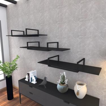 Imagem de Prateleira Industrial Suspensa Estante Parede Nicho Preto Ferro E Madeira Suporte Pratileira