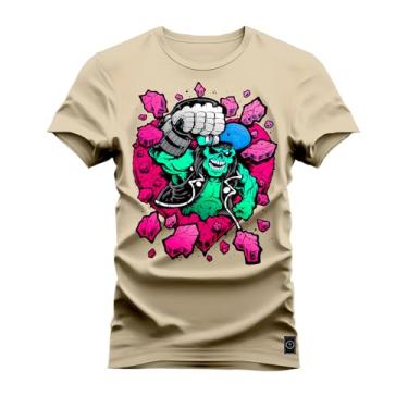 Imagem de Camiseta Plus Size Algodão Estampada Premium Love Monkey Bege G4
