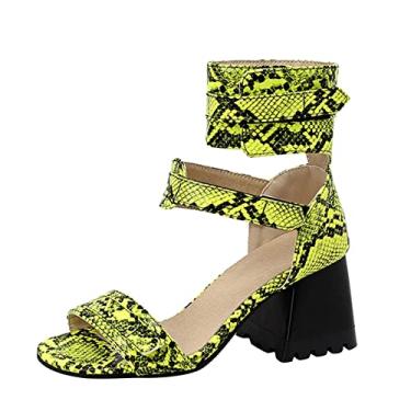 Imagem de Sapatos femininos de couro de pele de cobra oco aberto bico grosso salto alto gancho laço sapatos para mulheres sandálias confortáveis, Amarelo, 9