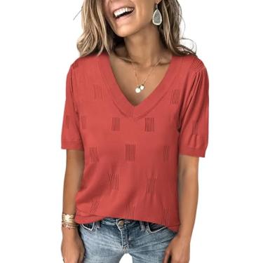 Imagem de ANRABESS Blusas femininas de verão de manga curta e gola V leves de malha fina 2024 moda casual, Laranja, vermelho, GG
