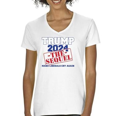 Imagem de Camiseta feminina Trump 2024 The Sequel gola V Make Liberals Cry Again MAGA President 47 FJB Let's Go Brandon Republican Tee, Branco, M
