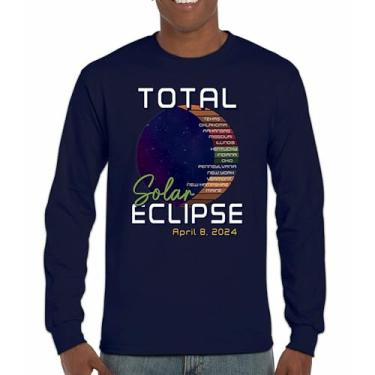 Imagem de Camiseta de manga comprida Total Solar Eclipse Path Relógio apenas com óculos de eclipse 8 de abril de 2024 Festa Astronomia Sol Lua, Azul marinho, 3G