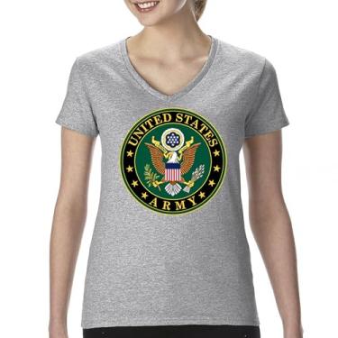Imagem de Camiseta feminina gola V brasão do exército dos Estados Unidos insígnia veterano militar dos EUA DD 214 camiseta licenciada pelas Forças Armadas Patrióticas, Cinza, M