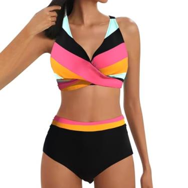 Imagem de LEKODE Biquíni feminino, listrado, 2 peças, cintura alta, estampado, push-up, rosa, 4G