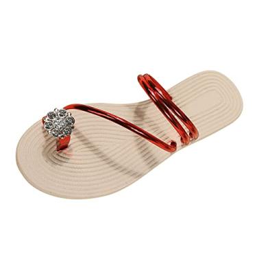 Imagem de Chinelo feminino moderno verão cor sólida couro strass toe tecido sandálias femininas, Vermelho, 6.5 X-Narrow