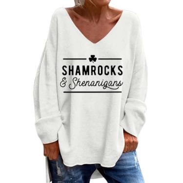 Imagem de Camiseta feminina PKDong Saint Patricks Day Shirts Irish Lucky Shamrock manga longa solta Let The Shenanigans Begin Letter Print Tee, Z06 Branco, XXG