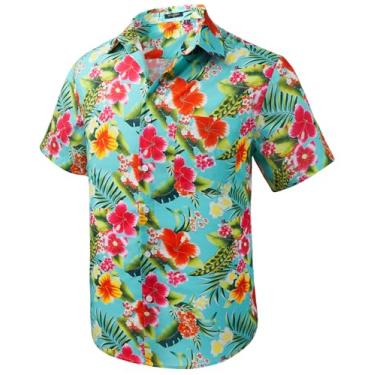Imagem de Camisa masculina havaiana manga curta Aloha floral tropical casual camisa de botão camisas verão praia para férias, Flor azul/vermelha, M