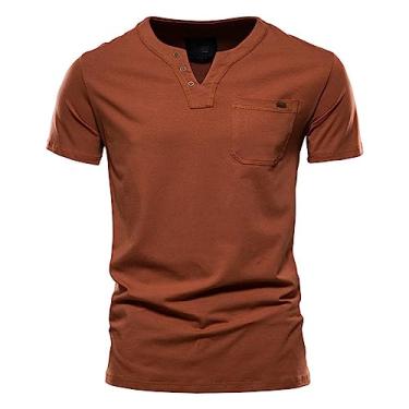 Imagem de Camiseta masculina atlética manga curta slim fit algodão sólido gola V respirável camiseta casual com, Laranja, 3G