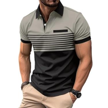 Imagem de Camisa polo masculina fashion color block casual manga curta listrada com absorção de umidade camisas de golfe tops, Caqui, 3G