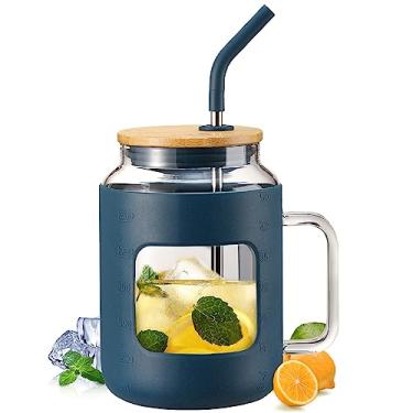 Imagem de WINSA Garrafas de água de vidro de 1,5 l com manga de silicone, copo de vidro com tampa e canudo, xícara de café gelado com alça, livre de BPA - azul