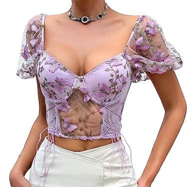 Imagem de Top feminino floral bordado manga bufante slim fit espartilho cropped top sexy bustiê camiseta regata, Roxo-f10622, G