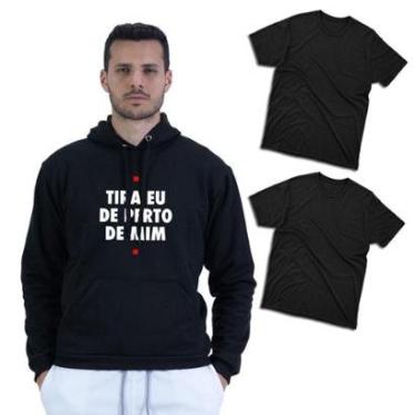 Imagem de Kit 2 Camisas Lisas Masculina Com Moletom de Frio Canguru Capuz Ajustavel Algodao Design Moderno-Masculino