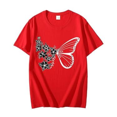 Imagem de Lindas camisetas femininas de borboleta de flores para o verão, lindas camisetas casuais de manga curta, gola redonda, Vermelho, GG