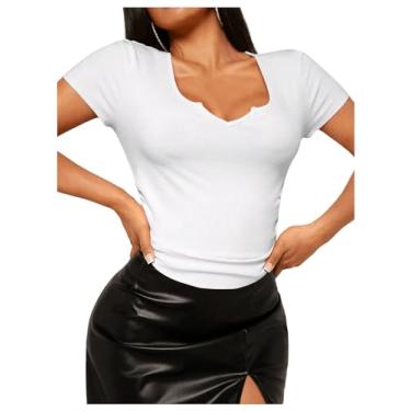 Imagem de SweatyRocks Camiseta feminina de manga curta e gola V básica canelada de malha slim fit, Branco, M