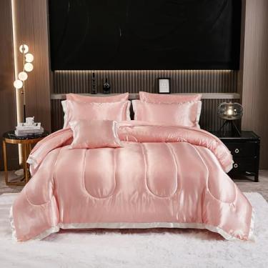 Imagem de Jogo de cama queen de cetim, seda, rosa, 8 peças, estampa de babados brancos, decoração de casa, hotel de luxo, conjunto de lençol de cama sedoso com 1 capa de almofada (Queen, rosa)