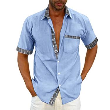 Imagem de Camisa masculina casual de linho de algodão manga curta xadrez leve abotoada camisa cubana férias praia camisas sociais, 011-azul celeste, XXG
