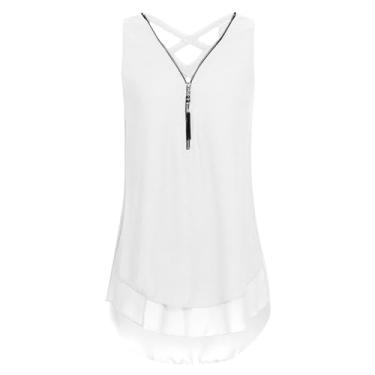 Imagem de Camiseta regata feminina de verão, sem mangas, cor sólida, gola V, zíper, chiffon, casual, nas costas, plus size, Branco, 3G