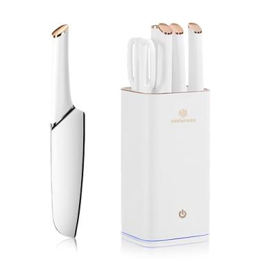 Imagem de ZEEKMUSS Conjunto de facas para cozinha com bloco, conjunto de 6 peças, bloco de facas de aço inoxidável, com afiador, tesoura de cozinha, suporte de faca inteligente, mantenha limpo e seco, presente