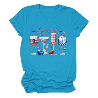Imagem de Camisetas femininas patrióticas do Dia da Independência, túnica com bandeira americana, 4 de julho, camiseta com estampa engraçada de taça de vinho, Azul-celeste, XXG