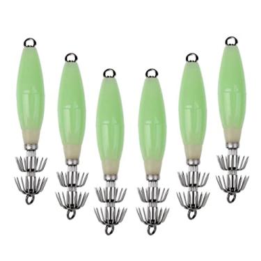 Imagem de 6 peças de isca de pesca luminosa para pesca de polvo em água salgada | Isca de pesca de mar escuro que brilha no escuro, arpão para cefalópodes e robalo, isca de pesca de corpo duro para peixe-manga,