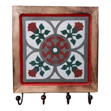 Imagem de Cabideiro Em Madeira Com Ladrilho Hidráulico Porta Chaves Roupas Bolsas Ladrilho B3