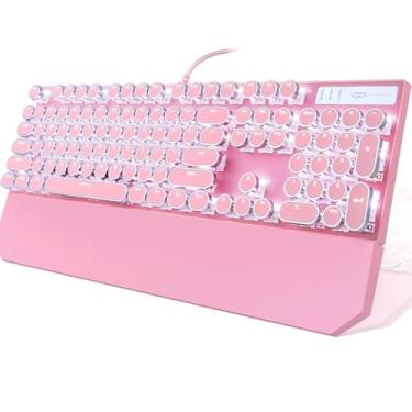 Imagem de Teclado gamer mecânico Camiysn estilo máquina de escrever retrô punk rosa com retroiluminação branca, switch azul de 104 teclas, teclado com fio, teclas redondas, para Windows/Mac/PC