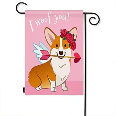 Imagem de Beabes Floral Puppy Hold Heart Arrow Garden Flag Pet Cupid Corgi Rose Flower Wreath Love Welcome Yard Flag Banner Garden Alpendre Bandeiras para pátio, gramado, vila, parque, ao ar livre, dupla face,