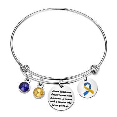 Imagem de SEIRAA Presente de conscientização da síndrome de Down Trisomy 21 Mom Jewelry Down Syndrome Mother Never Gives Up Pulseira de fita azul amarela, Medium, Aço inoxidável