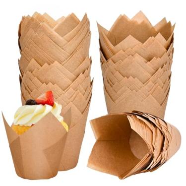 Imagem de Neyimqr Forros de cupcake de tulipa natural de 120 unidades para forros de panificação, suportes de muffin de papel pergaminho de grau alimentício, forros de cupcake de tulipa padrão, envoltórios de