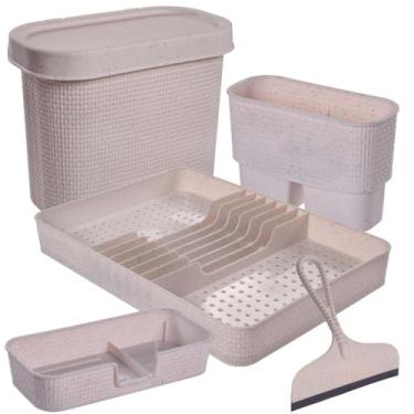 Imagem de Kit para Pia Lixeira com Tampa Basculante de 3,3L, Escorredor de Pratos/Copos, Escorredor de Talher, Porta Detergente/Esponja Compacto com Divisória e Rodinho Tear Plasutil