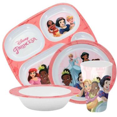 Imagem de Jogo Refeição Infantil Princesas Disney 4 Peças Bandeja Divisória, Prato Fundo, Tigela e Copo Melamina - Tuut