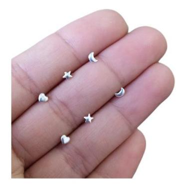 Imagem de Trio Brinco Lua Estrela Coração 2 3 Furo 4 Mm Prata 925 - De Castro jo