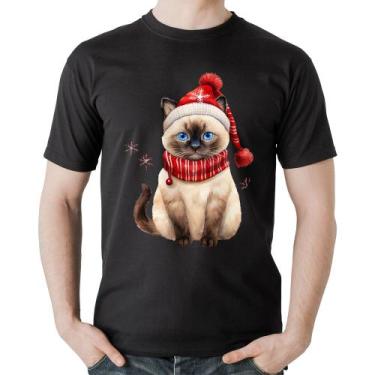Imagem de Camiseta Algodão Gato Natalino Gorro e Cachecol - Foca na Moda, Preto,