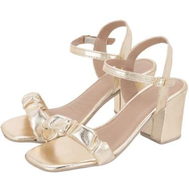 Imagem de Sandália dourada feminina de salto alto grosso bloco confortável abert